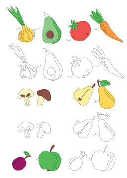 Fruits and vegetables in continuous line art drawing style. Minimalist black linear sketch and color options isolated on white background. Vector illustration