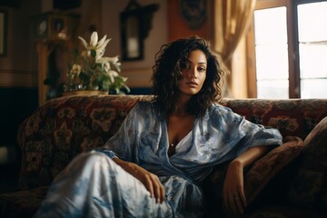 Fototapeta premium a photo of a gorgeous young african woman sitting on a couch in a living room with morocco-inspired style interior, much color contrast, orange and cyan blue