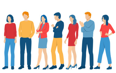 Fototapeta premium Set of young men and women, different colors, cartoon character, group of silhouettes of standing business people, students, the design concept of flat icon, isolated on white background