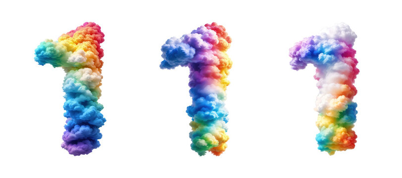 The number one 1 made of colorful colors photo realistic clouds are rainbow colors. 
The background is transparent.