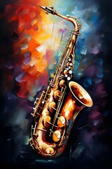 AI generated illustration of an oil painting of a saxophone on canvas - obrazy, fototapety, plakaty