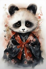 AI generated illustration of a watercolor painting of a cartoon panda wearing a kimono