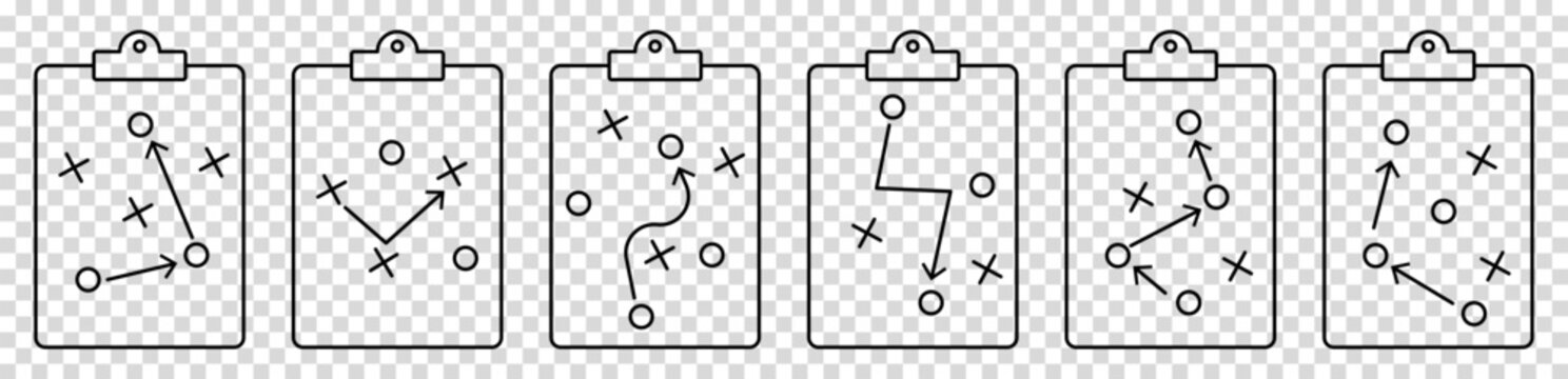 Set of clipboard game plan icons. Football coach strategy board. Vector illustration isolated on transparent background