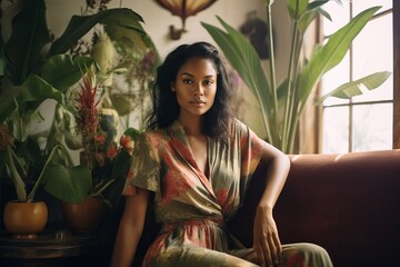 a photo of a gorgeous young african woman sitting on a couch in a living room with south asian ocean or seaside-inspired tropical style interior, much color contrast, green plants