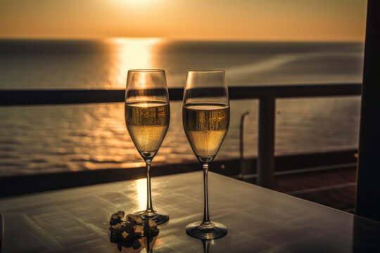 The ultimate celebration drink, two champagne glasses set against a backdrop of a stunning golden sunset, an image of luxury and elegance. AI Generative.