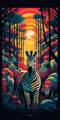 AI generated illustration of a zebra standing in a lush forest illuminated by the light of a moon