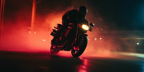 AI generated illustration of a daring motorcycle rider swerves between speeding traffic in a city - obrazy, fototapety, plakaty