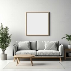 AI generated illustration of A modern room with a white couch and a white frame with a copy space