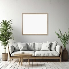 AI generated illustration of A modern room with a white couch and a white frame with a copy space