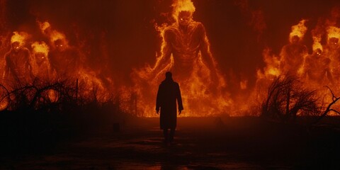 a person standing in front of a large fire that is blazing