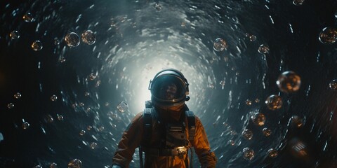 a person with a space suit in front of bubbles on a dark background