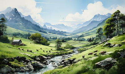 Light watercolor landscapes, green hills, sheep grazing - obrazy, fototapety, plakaty