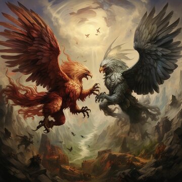 AI generated illustration of two mythical hippogriffs in a mid-air battle over a dark landscape