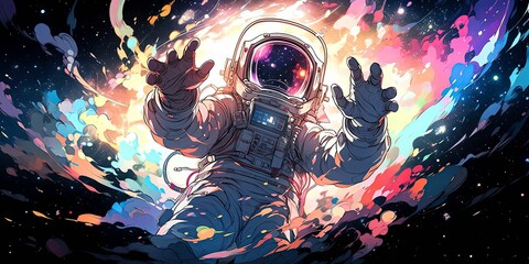 Astronaut floating in a starry space surrounded by vibrant explosions of color, AI-generated.