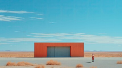 AI generated illustration of a male in the foreground of a orange modernistic structure in a desert