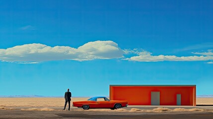 AI generated illustration of a man in front of a modern building with his red vehicle