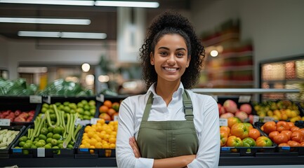 Smiling Latino Woman Working in Modern Supermarket in Germany