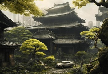 traditional Asian buildings covered in dense trees