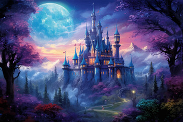 Castle, bridge and river under the full moon. Princess Castle on the cliff. Fairy tale castle in the mountains. Fantasy Night landscape. Castle on the hill. Fairy city. Kingdom. Magic tower. Art