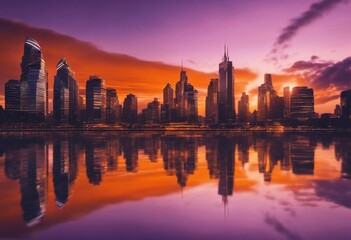 Fototapeta na wymiar AI generated illustration of a vibrant city skyline illuminated by a warm sunset