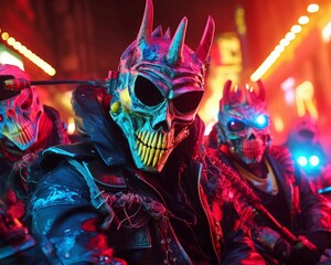 A group of men wearing eye-catching masks and costumes, standing in a line side-by-side