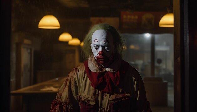AI generated illustration of a scary bloody clown with face paint in a dark room