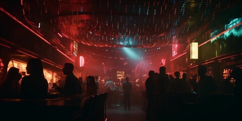 AI generated illustration of silhouetted people conversing in a bar at night