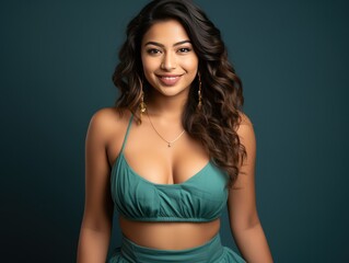 Naklejka premium Beautiful Indian Chubby Girl in Teal Crop Top