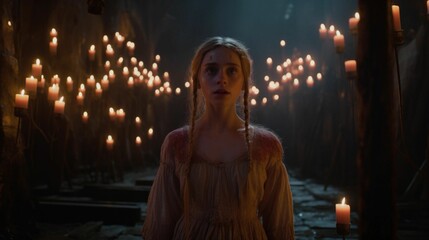 a young woman in a long dress stands in front of rows of candles
