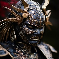 AI generated illustration of a closeup of a full samurai black armor with golden details on the mask
