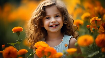 Naklejka premium AI generated illustration of a cute girl standing in a field of orange flowers