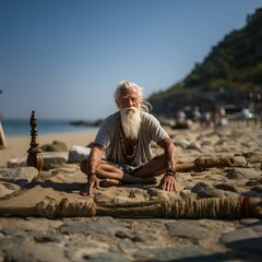 AI generated illustration of a fit elderly man deeply immersed in a yoga pose at the beach