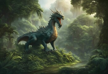 AI generated illustration of a large fantasy dragon standing in an overgrown forest scene