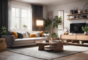 Contemporary living room featuring a white sofa, a dark wood coffee table, and plants, AI-generated.