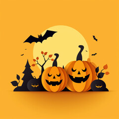 two pumpkins and a yellow background with the title happy halloween and the word spooky