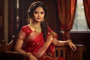 Bengali Bride in Maroon and Gold Banarasi Saree