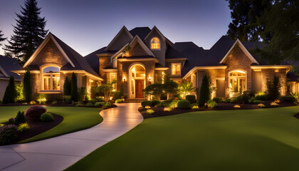 Beautiful home exterior in evening with glowing interior lights and landscaping