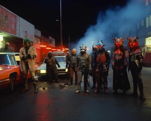 Naklejka premium a group of people wearing masks next to a car at night
