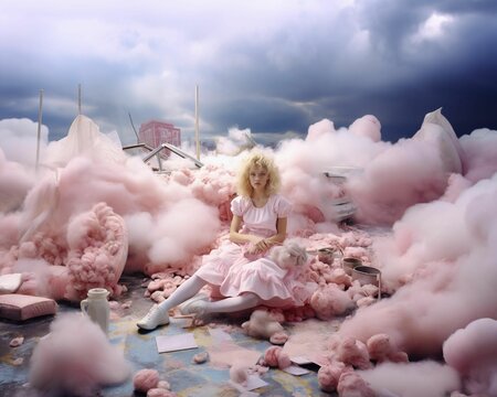 the woman in a pink dress is surrounded by puffy clouds