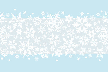 Fototapeta na wymiar Christmas background with snowflakes. Christmas Snow background banner border. Embroidery design snowflake pattern seamless hand drawn. Vector illustration.