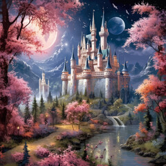 Castle, bridge and river under the full moon. Princess Castle on the cliff. Fairy tale castle in the mountains. Fantasy Night landscape. Castle on the hill. Fairy city. Kingdom. Magic tower. Art