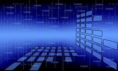 Fototapeta premium a computer keyboard with a large blue screen showing numbers and squares