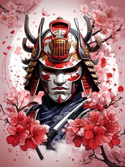 AI generated illustration of a samurai in his helmet surrounded by  flowers and trees with branches