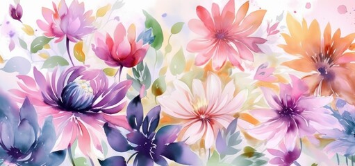 Vibrant illustration of colorful watercolor flowers with a white background