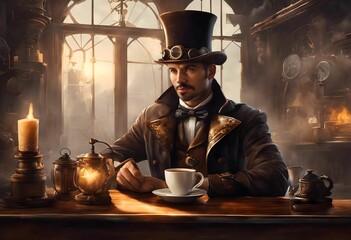 AI generated illustration of a man in a steampunk style outfit with a cup of coffee - obrazy, fototapety, plakaty