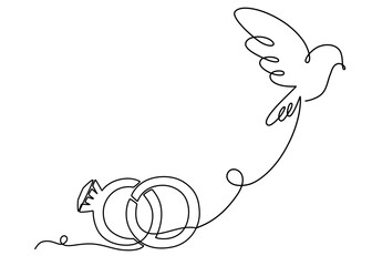 Wedding rings with dove one continuous line drawing. Romantic invitation design and symbol engagement and love marriage in simple linear style. Editable stroke. Doodle vector illustration