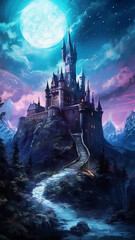 Fototapeta premium Castle, bridge and river under the full moon. Princess Castle on the cliff. Fairy tale castle in the mountains. Fantasy Night landscape. Castle on the hill. Fairy city. Kingdom. Magic tower. Art