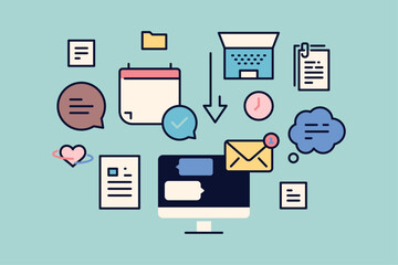 Computer monitor with many notifications and modern device with overwhelmed letters, calls, text message, emails, desktop with important on white background flat vector illustration.