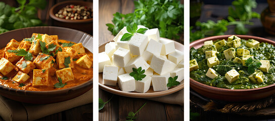 collage with traditional national Indian food Paneer cheese, palak paneer, paneer curry on the table