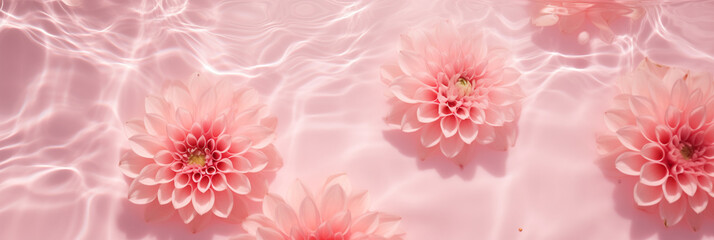 pink dahlias in a pink rippled water with sun glares flat lay.